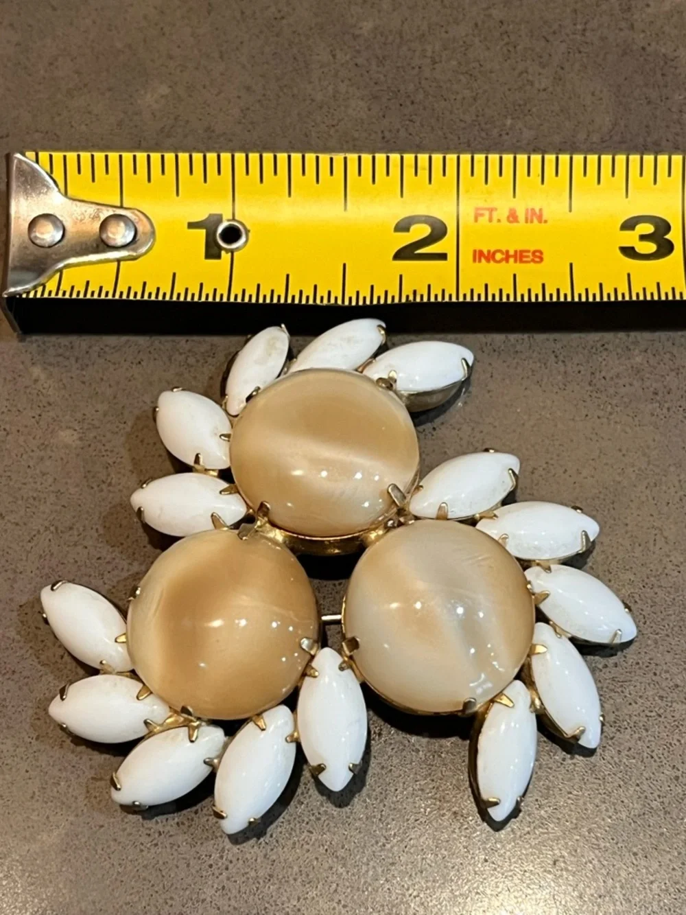 MCM Moonglow & Milk Glass Brooch Champagne Lucite Cabochon Statement 50’s Retro